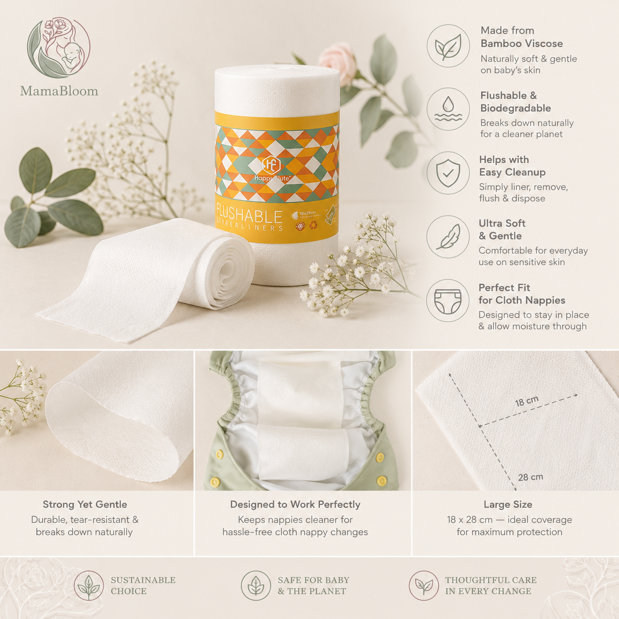 MamaBloom™ PureFlush Uncented Bamboo Liners (100 sheets per roll)