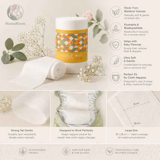 MamaBloom™ PureFlush Uncented Bamboo Liners (100 sheets per roll)