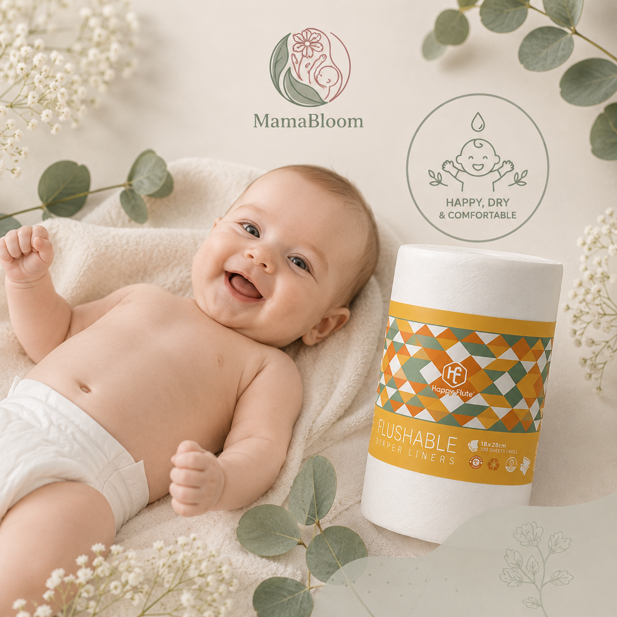 MamaBloom™ PureFlush Uncented Bamboo Liners (100 sheets per roll)