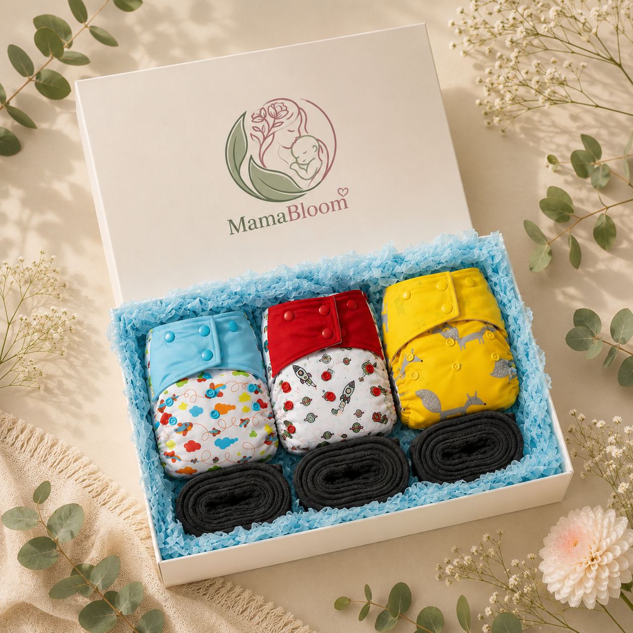 MamaBloom™ (3-Pack) Adjustable Nappies with Inserts, 3–15kg