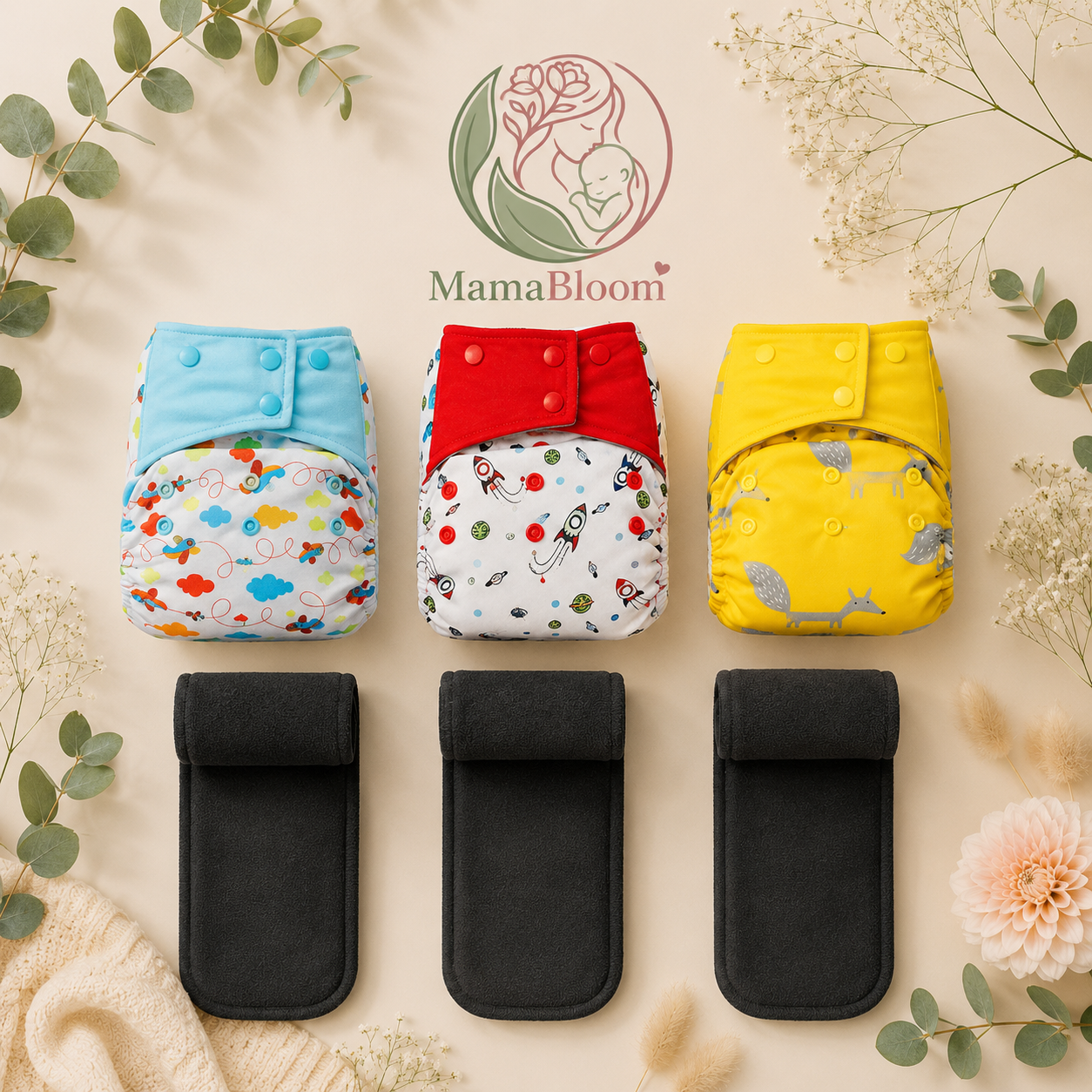MamaBloom™ (3-Pack) Adjustable Nappies with Inserts, 3–15kg