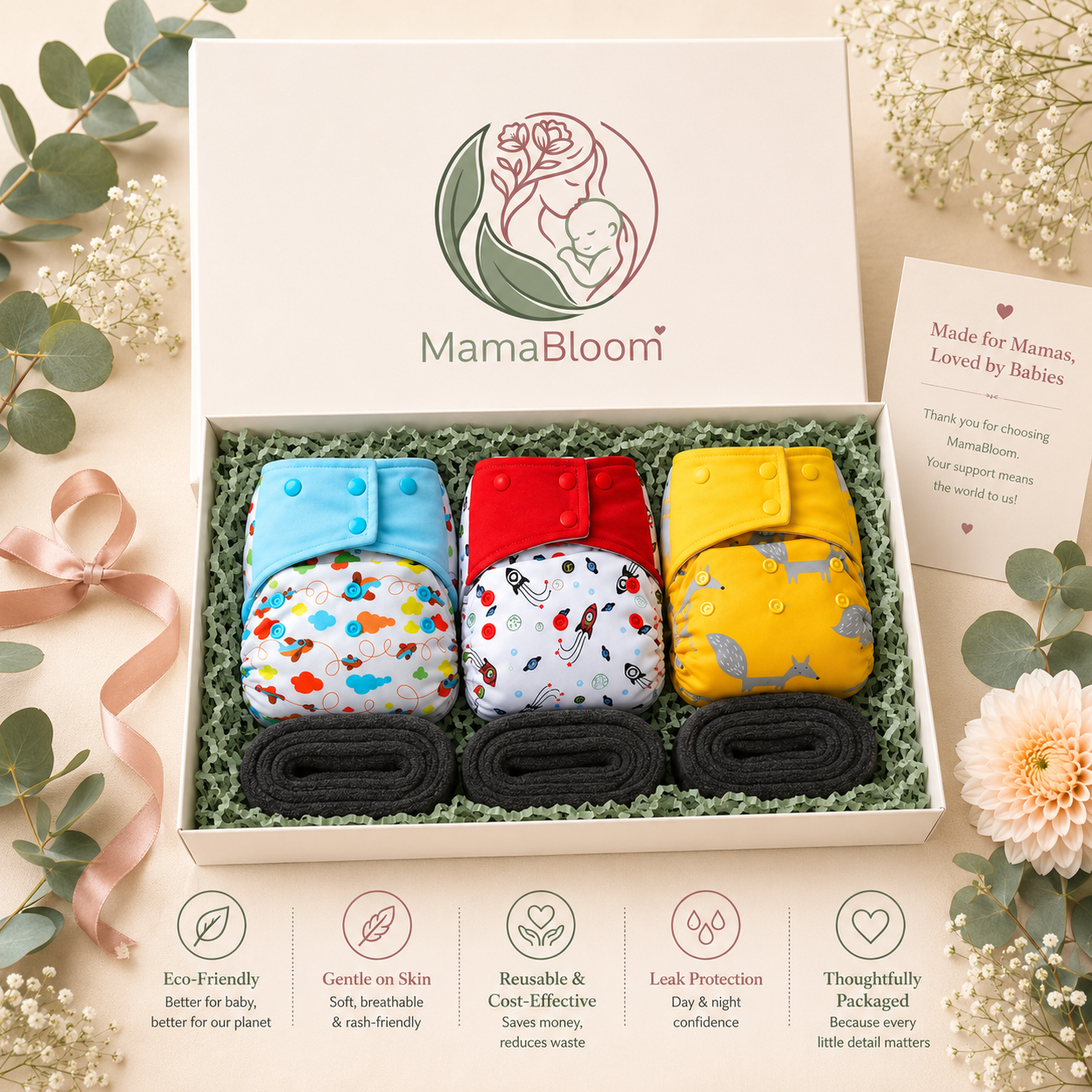 MamaBloom™ (3-Pack) Adjustable Nappies with Inserts, 3–15kg